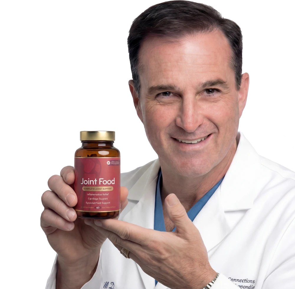Dr. Rich Diana in a white coat holding a bottle of Joint Food.