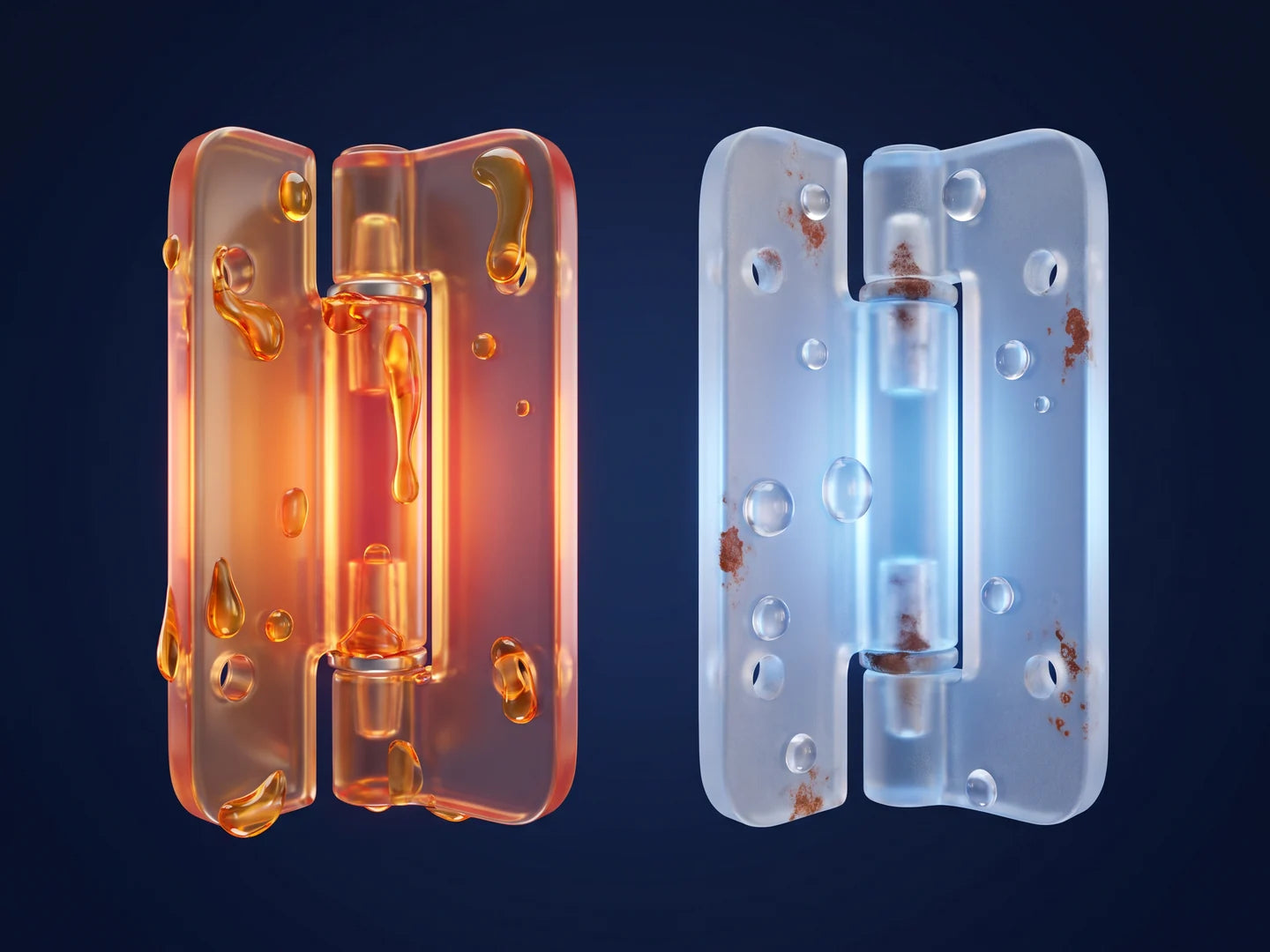 Illustration: an oiled hinge beside a dry hinge with water droplets and rust.