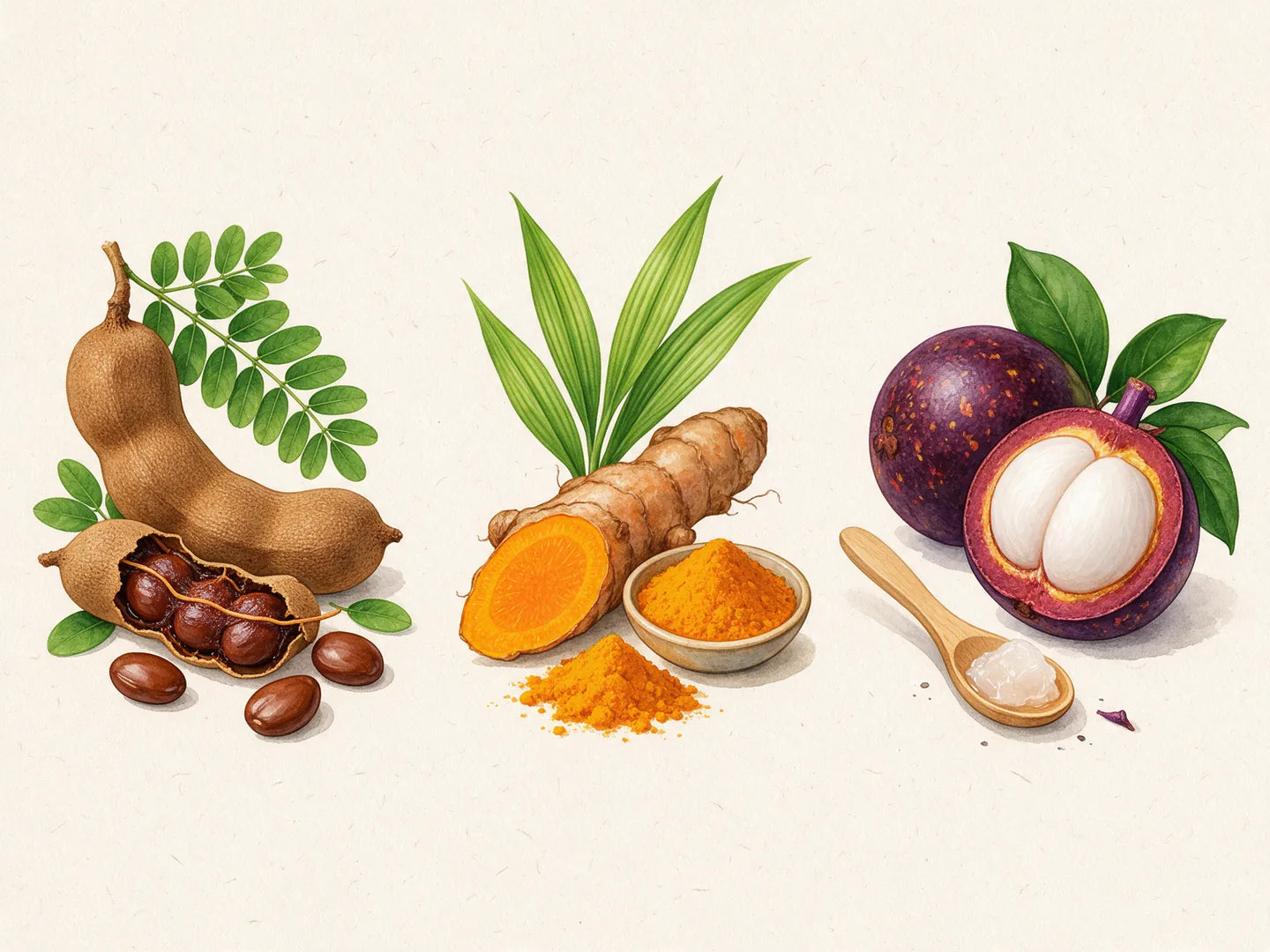 Botanical illustration of tamarind seed pods, a turmeric root cut open and a mangosteen split open.
