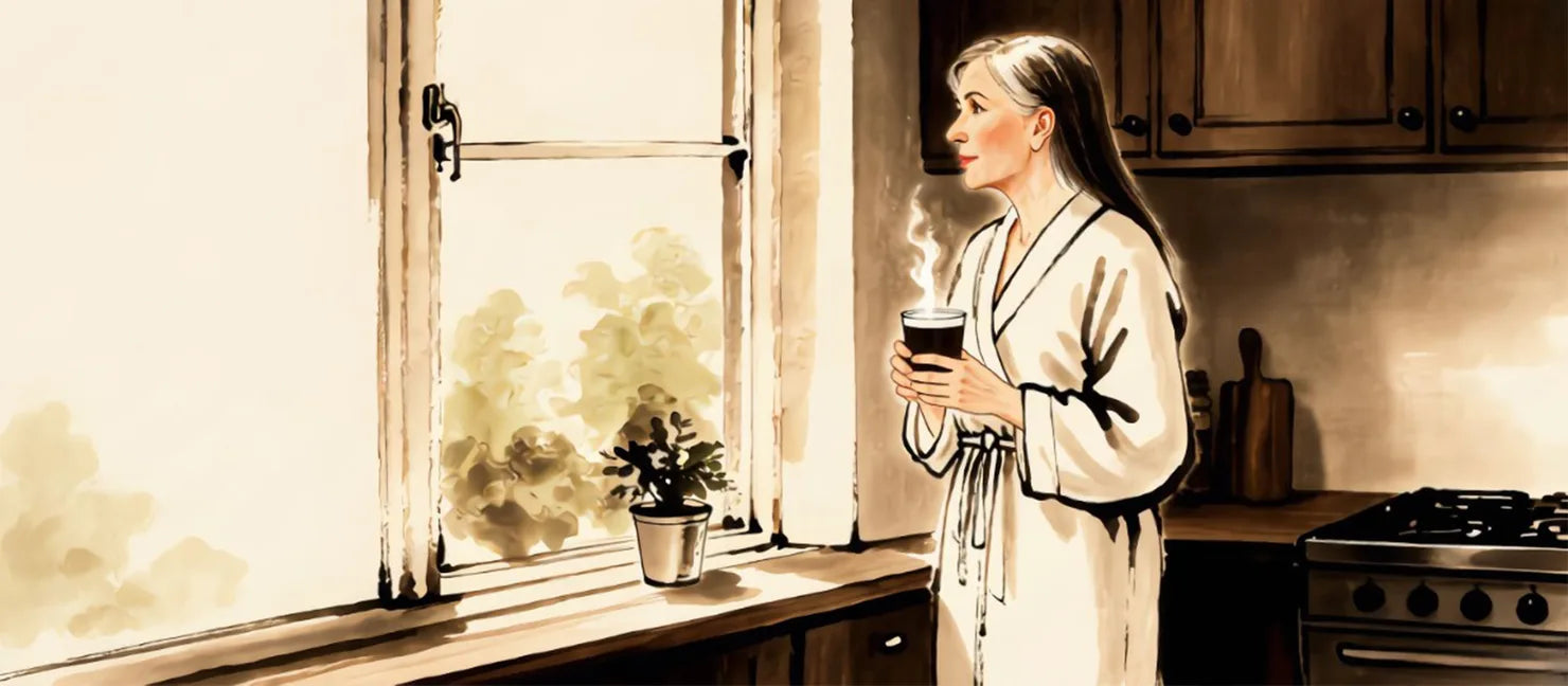 Illustration: the same woman standing at a kitchen window in morning light, holding a cup of coffee