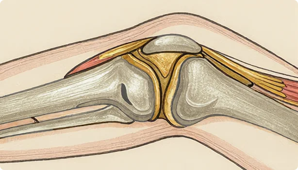 Illustration: the same joint with thin, flowing synovial fluid evenly distributed
