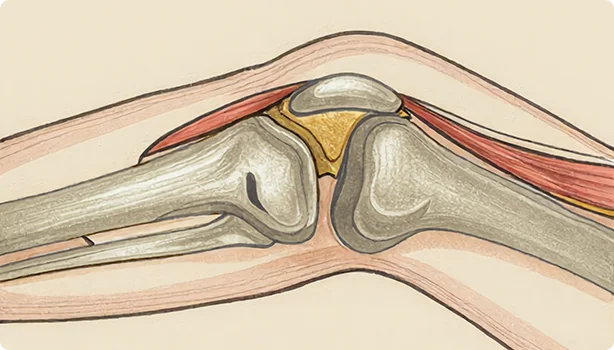 Illustration: joint cross-section with thick gelled synovial fluid, minimal coverage of joint surfaces