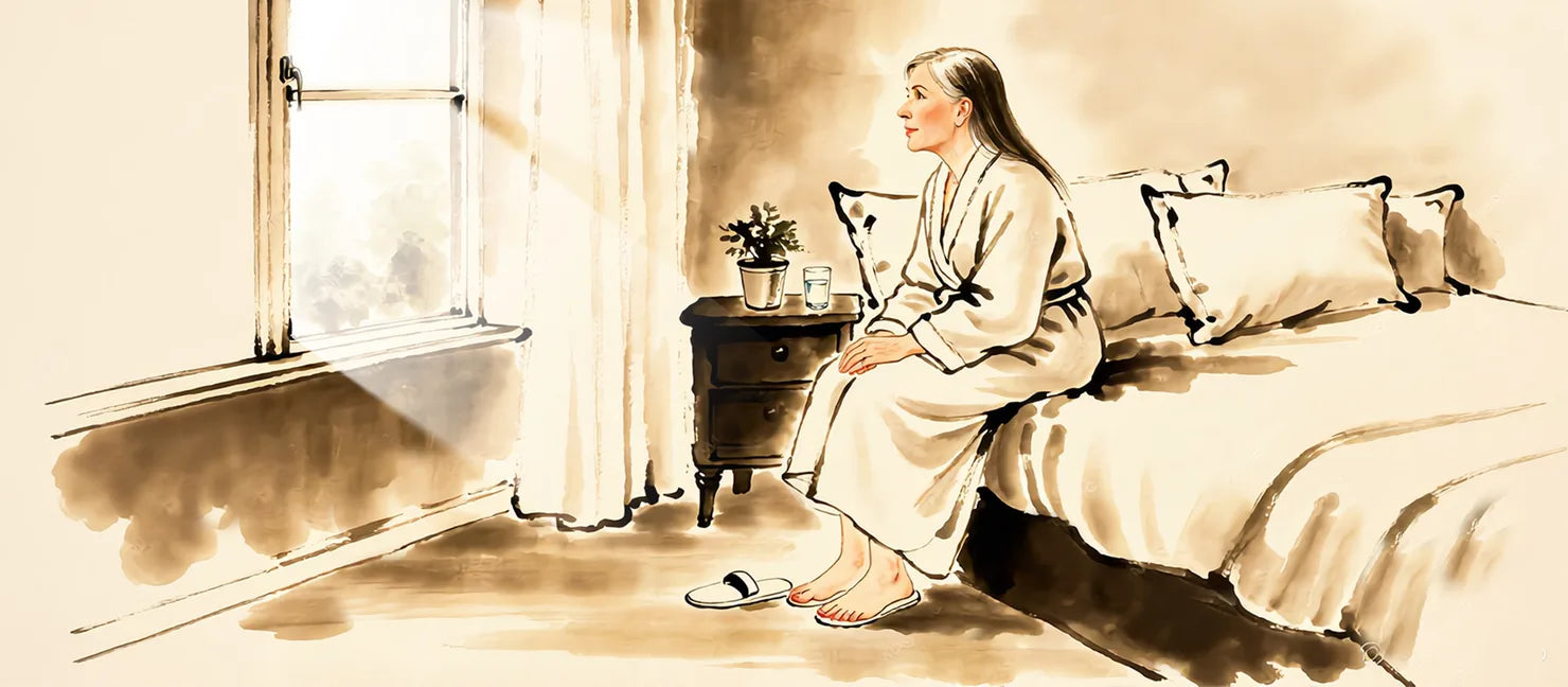 Illustration: a woman in her late 60s sitting on the edge of her bed in early morning light, facing a window