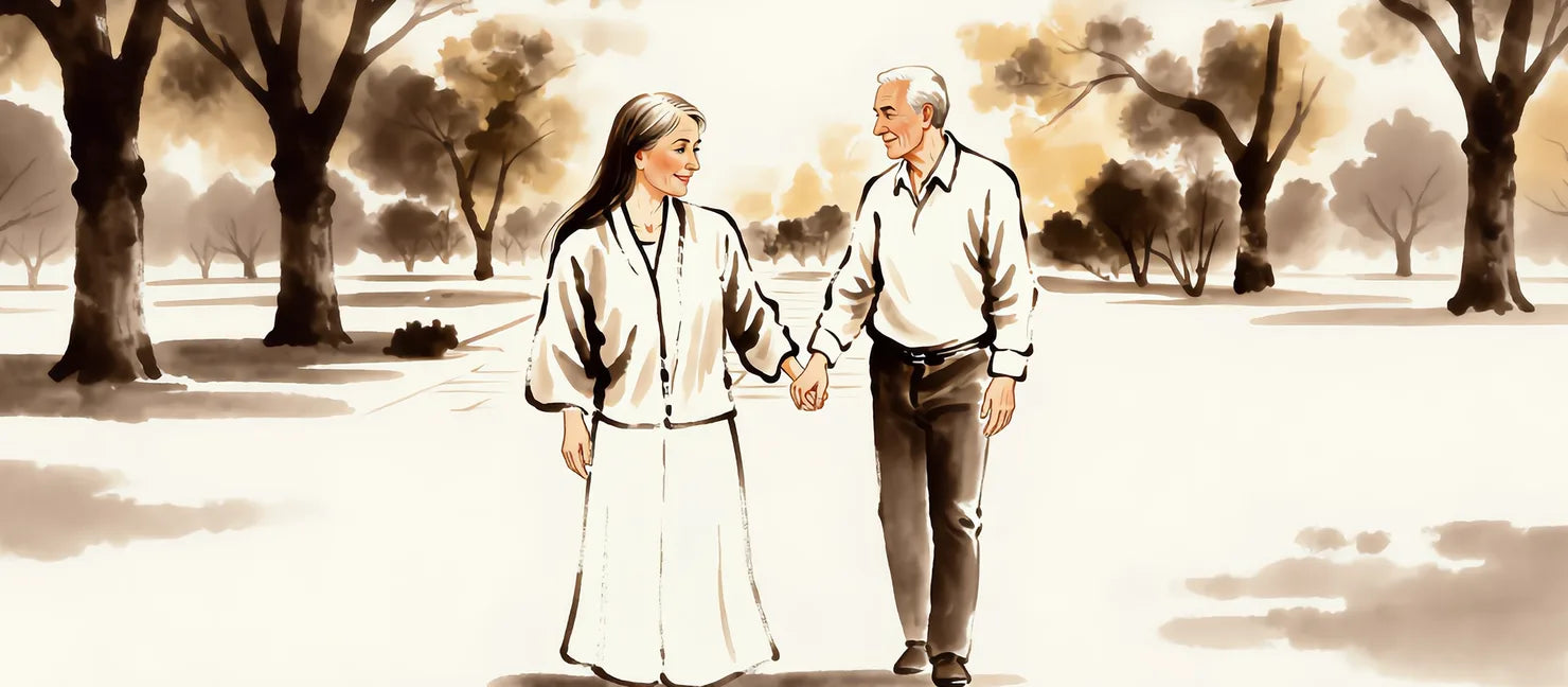 Illustration: the same woman walking outside with her partner in morning light, moving freely and comfortably