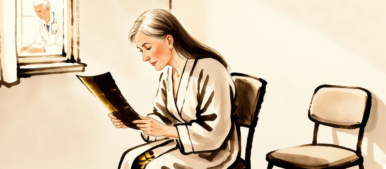 Illustration: a woman in her late 60s sitting in a doctor's office, studying an X-ray, an empty chair beside her