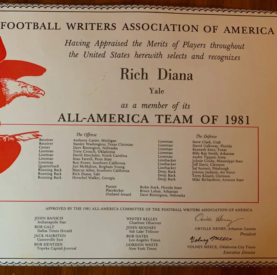 Certificate naming Rich Diana, Yale, to the Football Writers Association of America All-America Team of 1981.