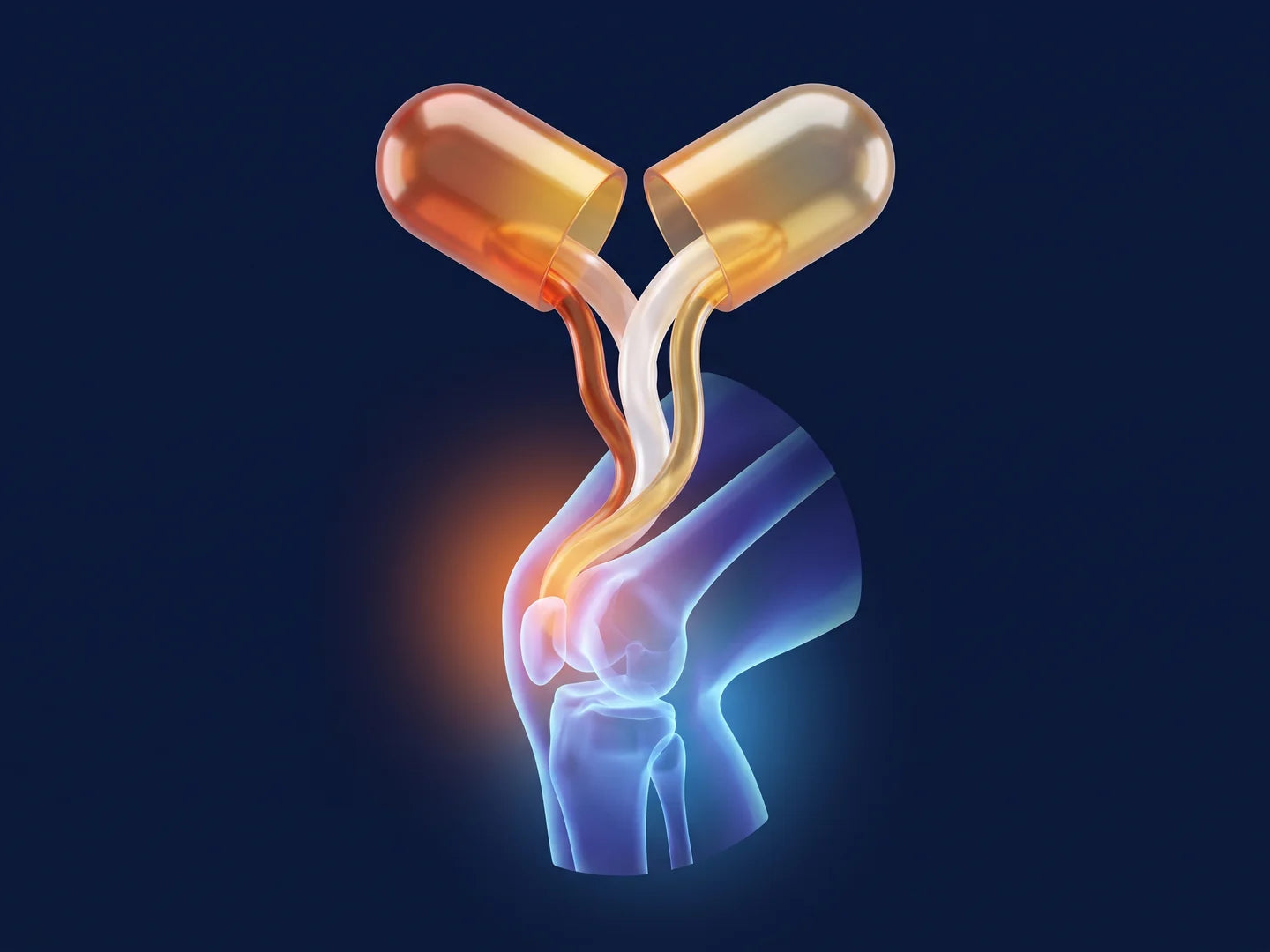 Illustration: one capsule opening into amber, white and gold streams that flow toward a knee joint.