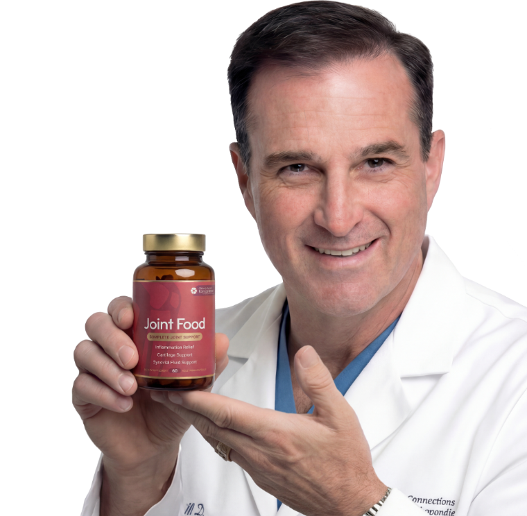 Dr. Rich Diana in a white coat holding a bottle of Joint Food