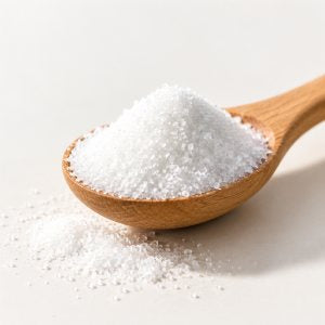White crystalline powder in a wooden spoon